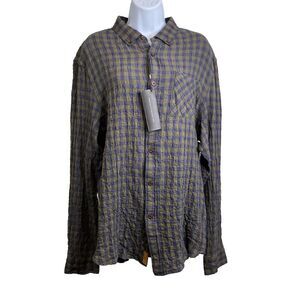 Nifty Genius Truman‎ Button Up Shirt Sz S Olive Green Crinkle Gingham Plaid NWT
